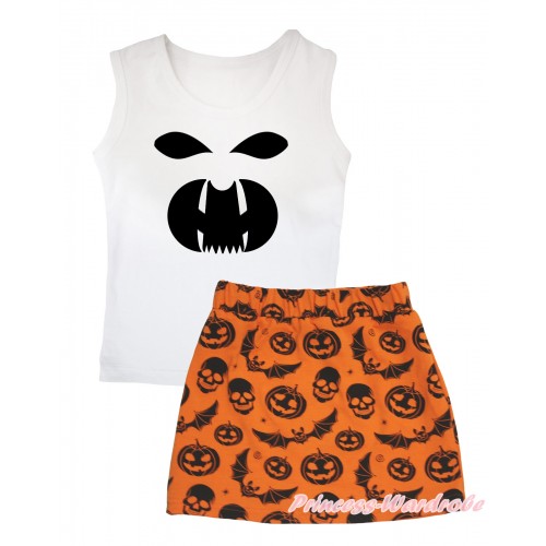 Halloween White Tank Top Black Ghost Face Painting & Orange Pumpkin Bat Skeleton Girls Skirt Set MG2602