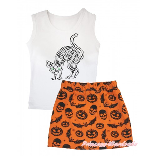 Halloween White Tank Top Sparkle Rhinestone Black Cat Print & Orange Pumpkin Bat Skeleton Girls Skirt Set MG2606