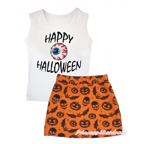 Halloween White Tank Top Happy Halloween Painting & Blood Eye Balls Print & Orange Pumpkin Bat Skeleton Girls Skirt Set MG2607