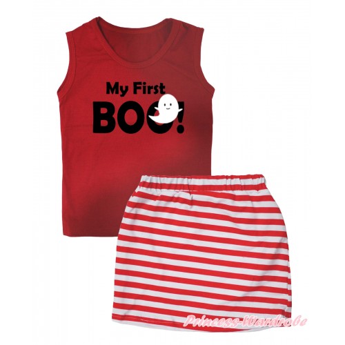 Halloween Red Tank Top My First Boo! White Ghost Painting & Red White Striped Girls Skirt Set MG2609