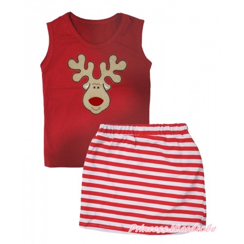 Christmas Red Tank Top Christmas Reindeer Print & Red White Striped Girls Skirt Set MG2611