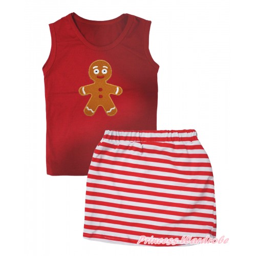 Christmas Red Tank Top Brown Gingerbread Print & Red White Striped Girls Skirt Set MG2612