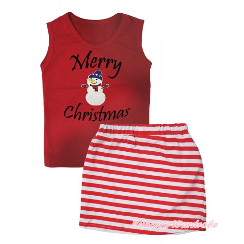 Christmas Red Tank Top Merry Christmas Painting & Big Nose Snowman Print & Red White Striped Girls Skirt Set MG2613