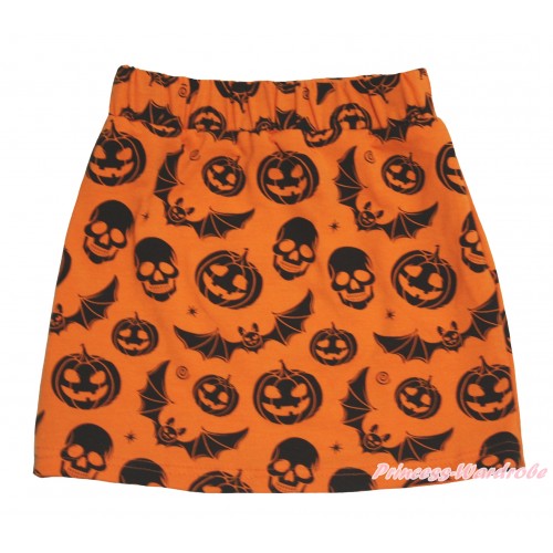 Halloween Orange Pumpkin Bat Skeleton Girls Cotton Skirt P273