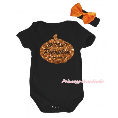 Halloween Black Baby Jumpsuit & Sparkle Cutest Pumpkin In The Patch Painting & Black Headband Orange Bow TH775