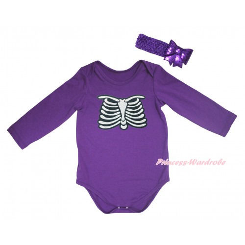 Halloween Dark Purple Baby Jumpsuit & Skeleton Rib Print & Dark Purple Headband Sparkle Sequins Bow TH780