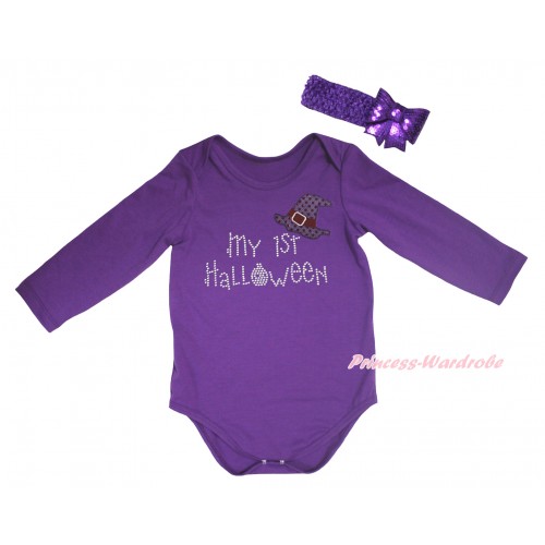 Halloween Dark Purple Baby Jumpsuit & Sparkle Hat Rhinestone My 1st Halloween Print & Dark Purple Headband Sparkle Sequins Bow TH781