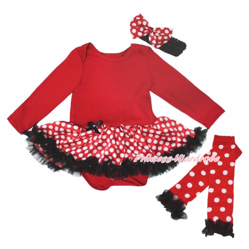 Red Long Sleeve Baby Bodysuit Jumpsuit Minnie Dots Black Pettiskirt & Warmers Leggings JS5720