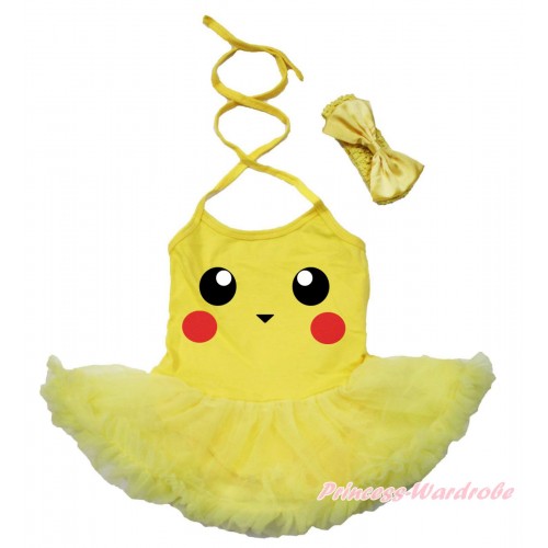 Yellow Baby Halter Jumpsuit Yellow Pettiskirt & Pikachu Print & Yellow Headband Yellow Satin Bow JS5724