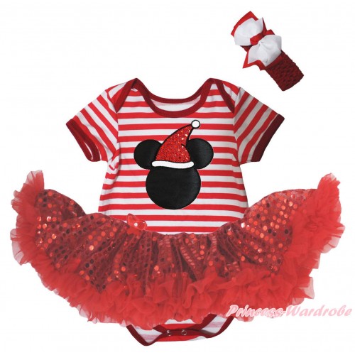 Christmas Red White Striped Baby Bodysuit Red Sequins Pettiskirt & Christmas Minnie Print JS5733
