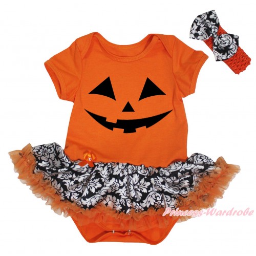 Halloween Orange Baby Bodysuit Orange Damask Pettiskirt & Pumpkin Face Print JS5745
