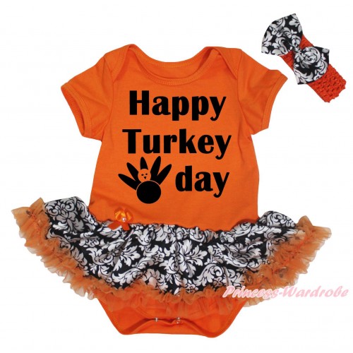 Thanksgiving Orange Baby Bodysuit Orange Damask Pettiskirt & Happy Turkey Day Painting JS5746