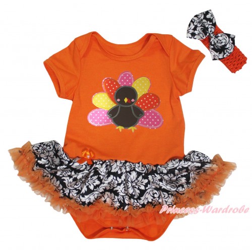 Thanksgiving Orange Baby Bodysuit Orange Damask Pettiskirt & Turkey Print JS5748