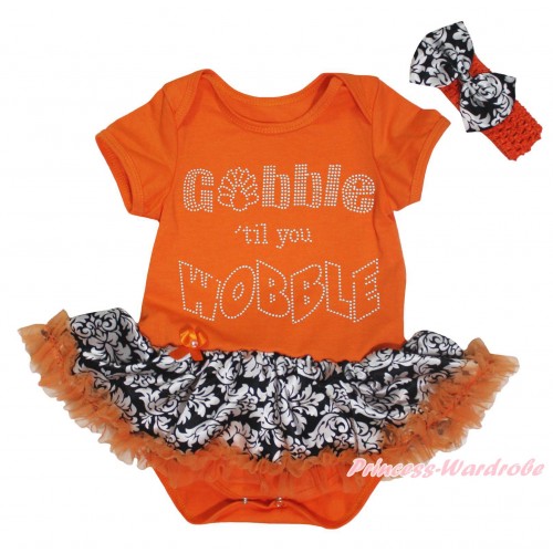 Thanksgiving Orange Baby Bodysuit Orange Damask Pettiskirt & Rhinestone Gobble Till You Wobble Print JS5752