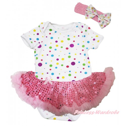 White Rainbow Dots Baby Bodysuit Light Pink Sequins Pettiskirt JS5753