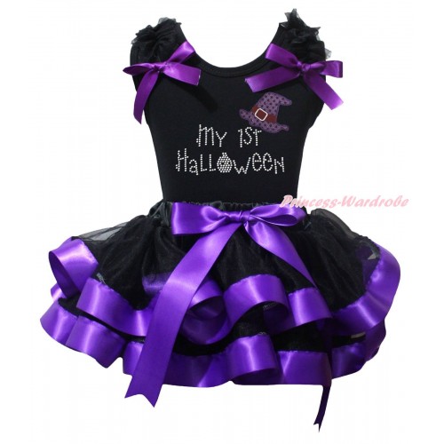 Halloween Black Pettitop Black Ruffles Dark Purple Bow & Rhinestone My 1st Halloween Hat Print & Black Dark Purple Trimmed Pettiskirt MG2456
