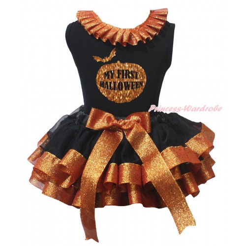 Halloween Black Baby Pettitop Sparkle Brown Lacing & Sparkle My First Halloween Pumpkin Painting & Black Sparkle Brown Trimmed Newborn Pettiskirt NG2227