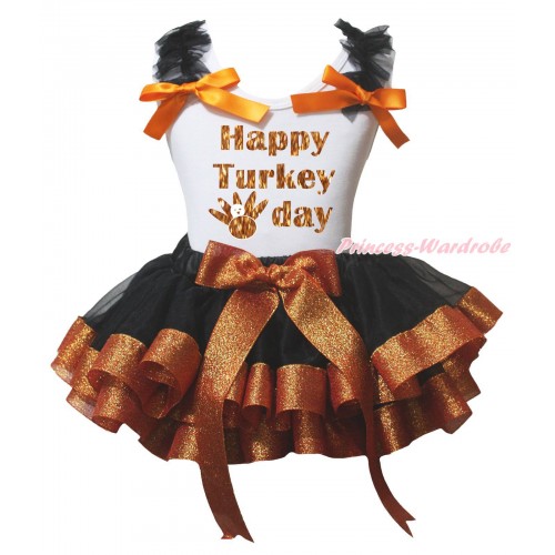 Thanksgiving White Baby Pettitop Black Ruffles Orange Bow & Sparkle Happy Turkey Day Painting & Black Sparkle Brown Trimmed Newborn Pettiskirt NG2233