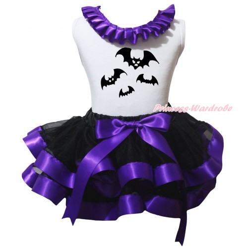 Halloween White Baby Pettitop Dark Purple Lacing & Bat Painting & Black Dark Purple Trimmed Newborn Pettiskirt NG2238