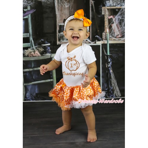 Thanksgiving White Baby Bodysuit Orange White Dots Pettiskirt & Sparkle 1st Thanksgiving Painting JS5868