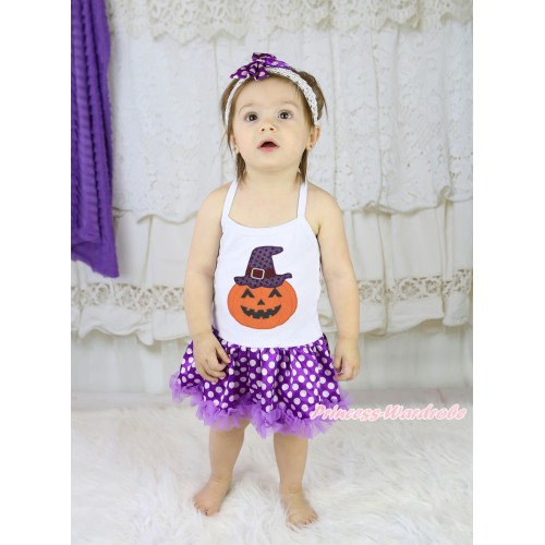 Halloween White Baby Halter Jumpsuit & Pumpkin Hat Print & Purple White Dots Pettiskirt JS5890