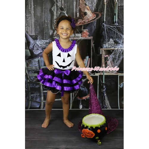 Halloween White Baby Pettitop Dark Purple Lacing & Pumpkin Face Painting & Black Dark Purple Trimmed Newborn Pettiskirt  NG2253