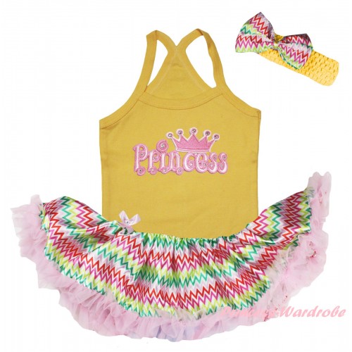 Yellow Baby Halter Jumpsuit & Princess Print & Rainbow Chevron Pettiskirt JS6459