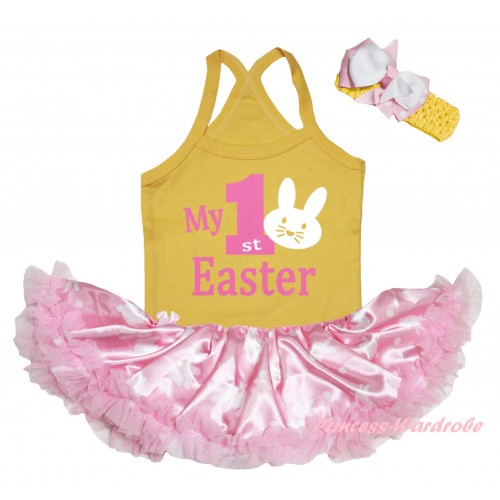 Easter Yellow Baby Halter Jumpsuit & Pink My 1st Easter White Bunny Painting & Light Pink Rabbit Pettiskirt JS6474