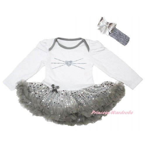 Easter White Long Sleeve Baby Bodysuit Silver Sequins Grey Pettiskirt & Sparkle Grey Bunny Nose Painting JS6487