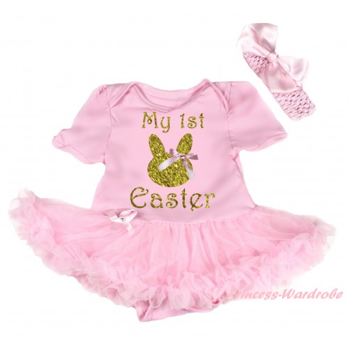 Easter Light Pink Baby Bodysuit Light Pink Pettiskirt & Pink Bow Sparkle Gold My 1st Easter Painting JS6499