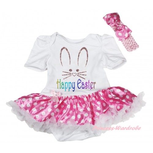 Easter White Baby Bodysuit Hot Pink White Dots Pettiskirt & Sparkle Happy Easter Bunny Face Painting JS6500