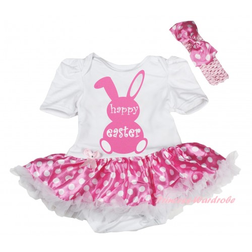 Easter White Baby Bodysuit Hot Pink White Dots Pettiskirt & Pink Happy Easter Rabbit Painting JS6502