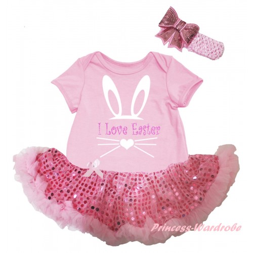 Easter Light Pink Baby Bodysuit Bling Light Pink Sequins Pettiskirt & Sparkle I Love Easter Painting JS6503