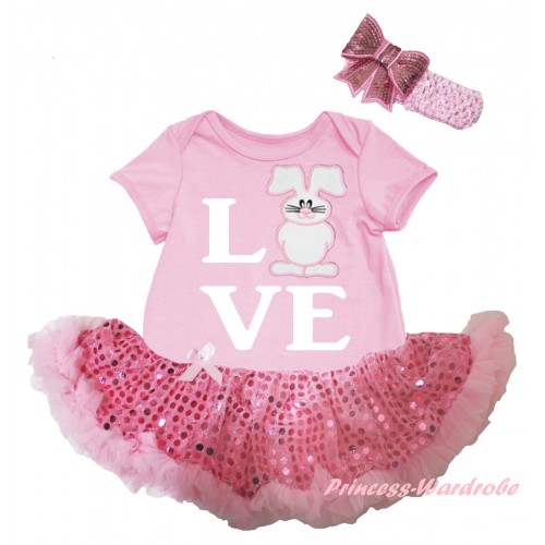 Easter Light Pink Baby Bodysuit Bling Light Pink Sequins Pettiskirt & White Love White Bunny Print JS6504