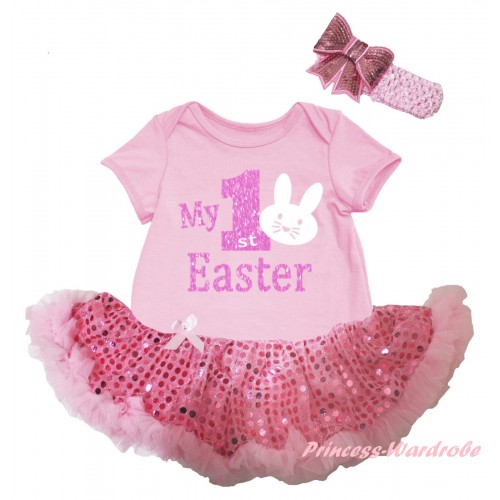 Easter Light Pink Baby Bodysuit Bling Light Pink Sequins Pettiskirt & Sparkle Pink My 1st Easter White Bunny Painting JS6505