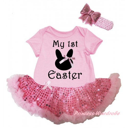 Easter Light Pink Baby Bodysuit Bling Light Pink Sequins Pettiskirt & Pink Bow Black My 1st Easter Painting JS6506