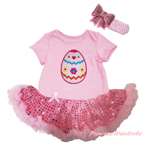 Easter Light Pink Baby Bodysuit Bling Light Pink Sequins Pettiskirt & Easter Egg Print JS6508