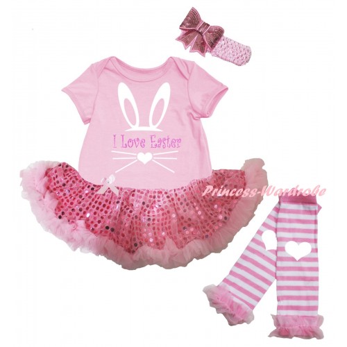 Easter Light Pink Baby Bodysuit Bling Light Pink Sequins Pettiskirt & Sparkle I Love Easter Painting & Warmers Leggings JS6512