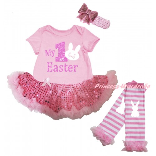 Easter Light Pink Baby Bodysuit Bling Light Pink Sequins Pettiskirt & Sparkle Pink My 1st Easter White Bunny Painting & Warmers Leggings JS6513