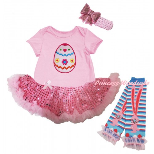 Easter Light Pink Baby Bodysuit Bling Light Pink Sequins Pettiskirt & Easter Egg Print & Warmers Leggings JS6515