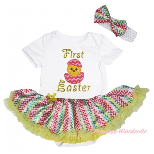 Easter White Baby Bodysuit Rainbow Wave Pettiskirt & Sparkle Gold First Easter Chick Egg Print JS6531