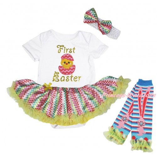 Easter White Baby Bodysuit Rainbow Wave Pettiskirt & Sparkle Gold First Easter Chick Egg Print & Warmers Leggings JS6536