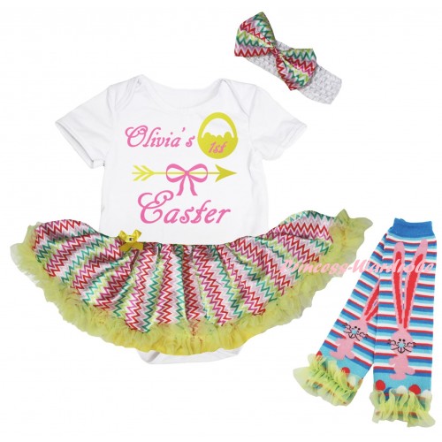 Easter White Baby Bodysuit Rainbow Wave Pettiskirt & Olivia's 1st Easter Painting & Warmers Leggings JS6538