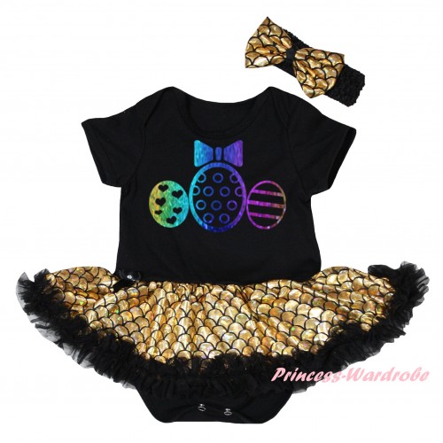 Easter Black Baby Jumpsuit Gold Scale Pettiskirt & Sparkle Rainbow Easter Egg Painting JS6544