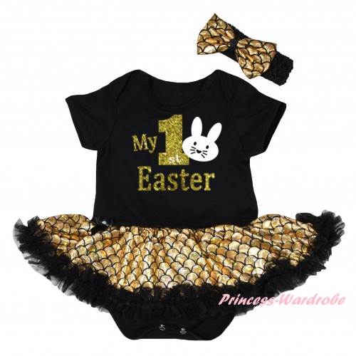 Easter Black Baby Jumpsuit Gold Scale Pettiskirt & Gold My 1st Easter White Bunny Painting JS6546