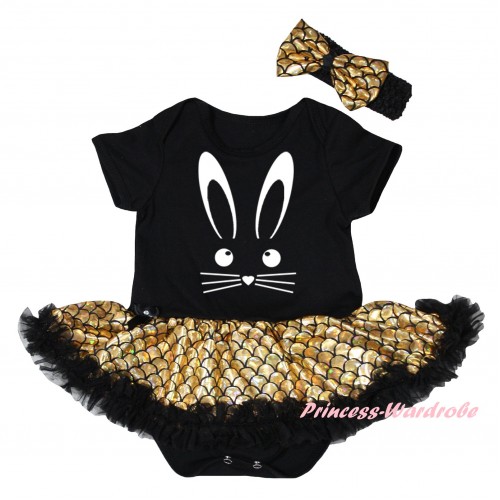 Easter Black Baby Jumpsuit Gold Scale Pettiskirt & White Easter Bunny Face Painting JS6548