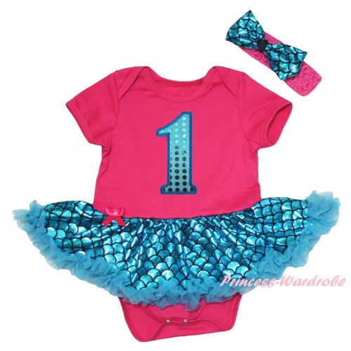 Hot Pink Baby Jumpsuit Blue Scale Pettiskirt & 1st Sparkle Birthday Number Print JS6553