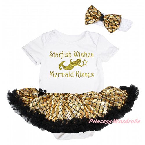 White Baby Jumpsuit Gold Scale Pettiskirt & Sparkle Gold Starfish Wishes Mermaid Kisses Painting JS6566