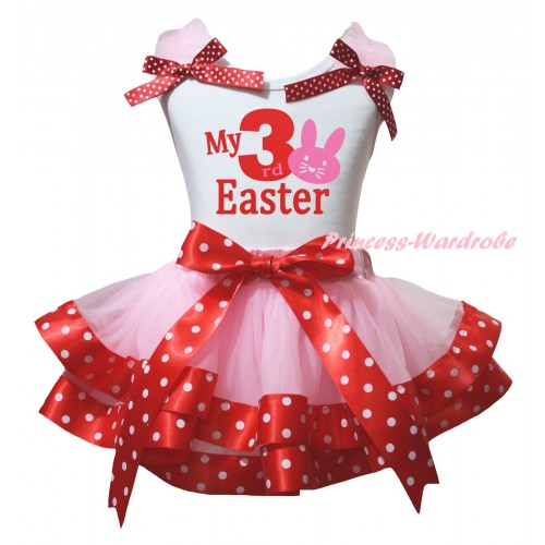 Easter White Tank Top Light Pink Ruffles Minnie Dots Bows & Red My 3rd Easter Light Pink Bunny Painting & Light Pink Minnie Dots Trimmed Pettiskirt MG2922