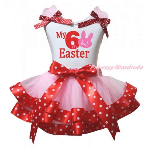Easter White Tank Top Light Pink Ruffles Minnie Dots Bows & Red My 6th Easter Light Pink Bunny Painting & Light Pink Minnie Dots Trimmed Pettiskirt MG2925